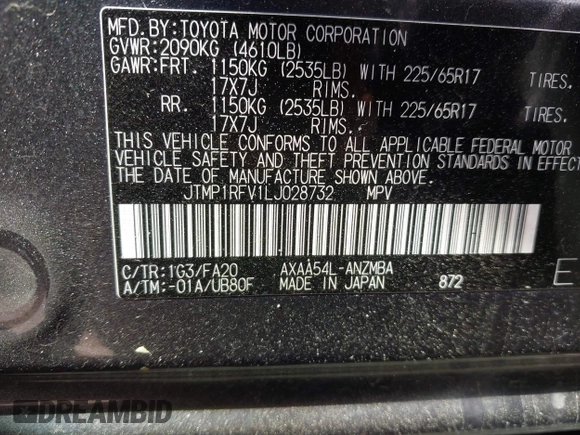 2020 Toyota RAV4 XLE with VIN JTMP1RFV1LJ028732, listed as a IAAI auction lot 41937050 with 40,839 mi miles. Bid and sale history available at carsss.com. Image 9.