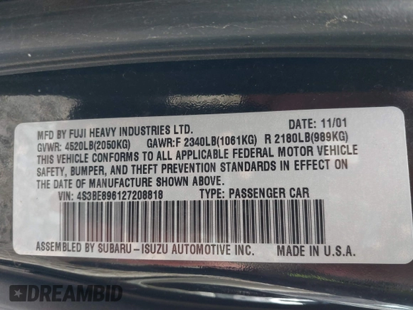 2002 Subaru Legacy Outback with VIN 4S3BE896127208818, listed as a IAAI auction lot 41672605 with 129,925 mi miles and . Bid and sale history available at DreamBid. Image 9.