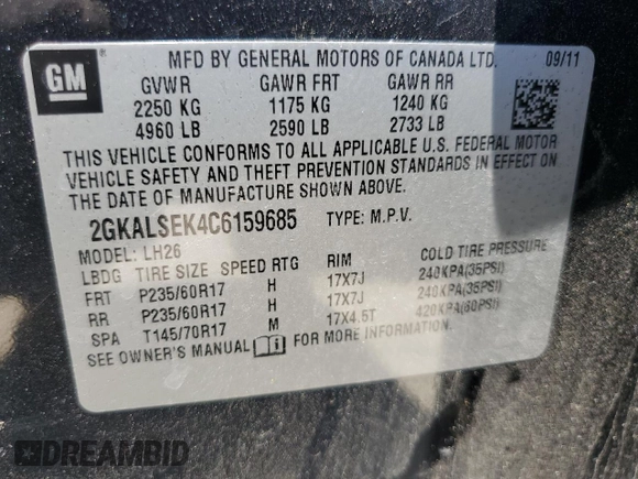 2012 GMC Terrain SLE-2 z VIN 2GKALSEK4C6159685, wystawiony jako Copart lot #55912435 z przebiegiem 111 574 mil mil oraz Szkoda całkowita • Salvage title. Historia ofert i sprzedaży dostępna na DreamBid. Obrazek 12.