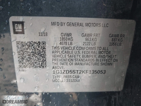 2019 Chevrolet Malibu LT with VIN 1G1ZD5ST2KF135053, listed as a IAAI auction lot 41867343 with 76,006 mi miles. Bid and sale history available at carsss.com. Image 9.