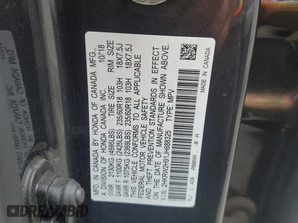 2018 Honda CR-V Touring with VIN 2HKRW2H91JH688325, listed as a Copart auction lot 63619555 with 124,962 mi miles and Salvage title. Bid and sale history available at DreamBid. Image 14.
