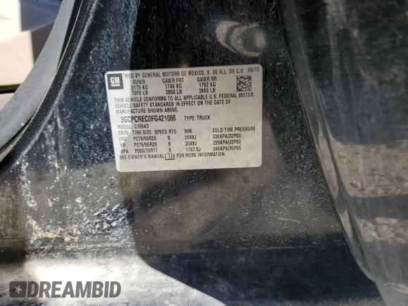 2015 Chevrolet Silverado 1500 LT with VIN 3GCPCREC0FG421086, listed as a Copart auction lot 48220245 with 153,566 mi miles and Salvage Title. Bid and sale history available at DreamBid. Image 12.