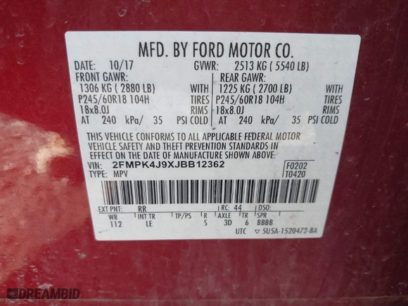 2018 Ford Edge SEL with VIN 2FMPK4J9XJBB12362, listed as a IAAI auction lot 41727286 with 92,784 mi miles. Bid and sale history available at carsss.com. Image 9.
