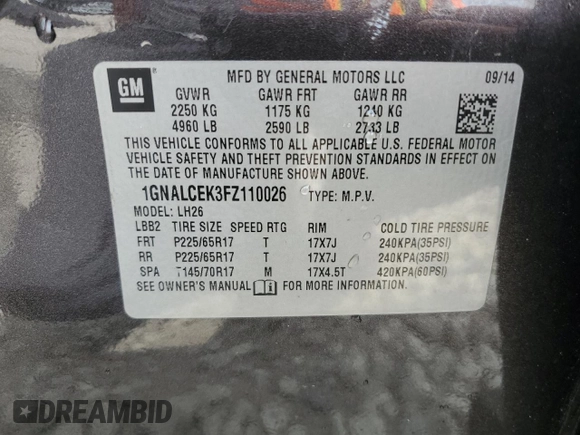 2015 Chevrolet Equinox LT with VIN 1GNALCEK3FZ110026, listed as a Copart auction lot 54177265 with 189,632 mi miles and Non Repairable. Bid and sale history available at DreamBid. Image 13.