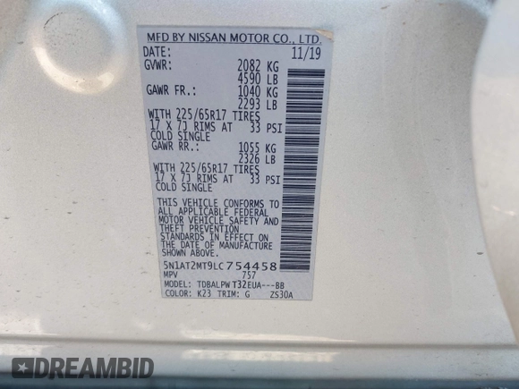 2020 Nissan Rogue S z VIN 5N1AT2MT9LC754458, wystawiony jako IAAI lot #42091440 z przebiegiem 102 338 mil mil oraz . Historia ofert i sprzedaży dostępna na DreamBid. Obrazek 9.