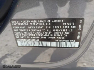 2013 Volkswagen Passat SE w/Sunroof with VIN 1VWBM7A30DC125919, listed as a IAAI auction lot 41759051 with 112,952 mi miles. Bid and sale history available at carsss.com. Image 9.
