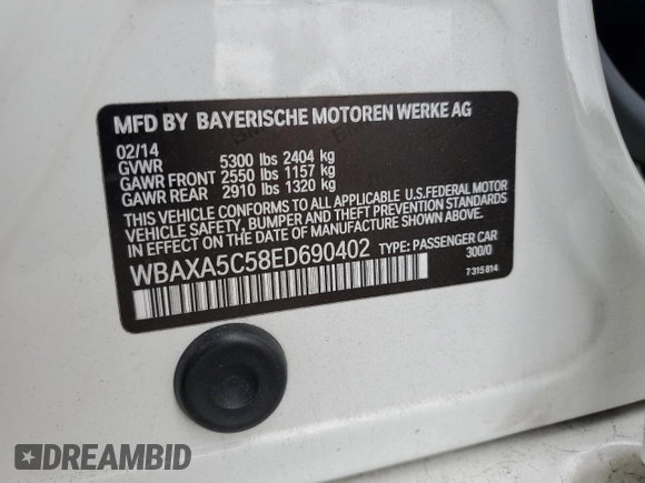 2014 BMW 5 Series 535d with VIN WBAXA5C58ED690402, listed as a Copart auction lot 48124575 with 153,702 mi miles and Salvage Title. Bid and sale history available at DreamBid. Image 12.