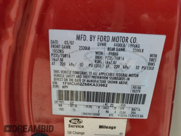 2008 Ford Escape XLS с VIN 1FMCU02Z68KA33982, выставлен на аукционе Copart как лот 61869715 с пробегом 215 800 миль миль и Списание • Salvage title. История ставок и продаж доступна на DreamBid. Изображение 13.