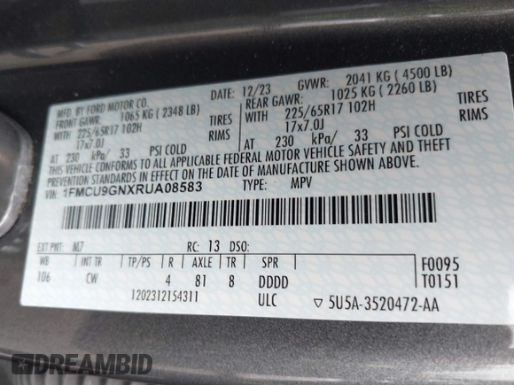 2024 Ford Escape Active with VIN 1FMCU9GNXRUA08583, listed as a IAAI auction lot 41627971 with 21,434 mi miles and . Bid and sale history available at DreamBid. Image 9.