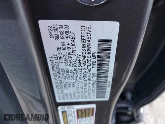2022 Acura RDX w/Advance Package with VIN 5J8TC2H75NL017109, listed as a Copart auction lot 76574294 with 3,517 mi miles and Non Repairable. Bid and sale history available at carsss.com. Image 14.