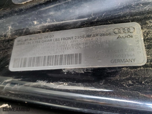 2007 Audi A8 L 4.2L with VIN WAUMV44E77N023964, listed as a Copart auction lot 63217964 with 143,958 mi miles and Clean Title. Bid and sale history available at carsss.com. Image 12.