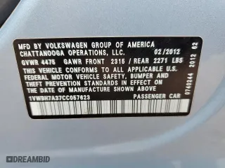 2012 Volkswagen Passat SE with VIN 1VWBH7A37CC057623, listed as a Copart auction lot 61260982 with 110,455 mi miles and Non Repairable. Bid and sale history available at carsss.com. Image 10.