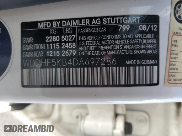 2013 Mercedes-Benz E 350 Luxury with VIN WDDHF5KB4DA697286, listed as a Copart auction lot 63399425 with 155,496 mi miles and Salvage title. Bid and sale history available at DreamBid. Image 12.