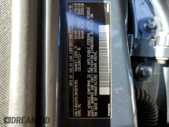 2019 Volvo S60 Inscription with VIN 7JRA22TL9KG015155, listed as a Copart auction lot 81944534 with 59,464 mi miles and Salvage Title. Bid and sale history available at carsss.com. Image 13.