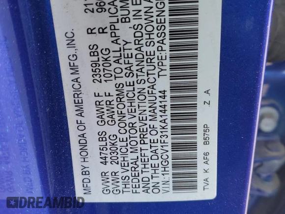 2019 Honda Accord Sedan Sport 1.5T with VIN 1HGCV1F31KA144144, listed as a Copart auction lot 42144335 with Not Provided miles and Salvage Title. Bid and sale history available at carsss.com. Image 14.