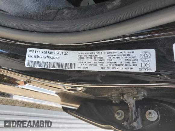 2022 Ram 1500 with VIN 1C6SRFPM7NN357123, listed as a Copart auction lot 65585464 with Not provided miles and Non repairable. Bid and sale history available at DreamBid. Image 12.