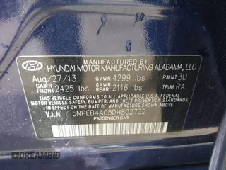 2013 Hyundai Sonata GLS with VIN 5NPEB4AC5DH802732, listed as a IAAI auction lot 42036843 with 103,165 mi miles and . Bid and sale history available at carsss.com. Image 9.
