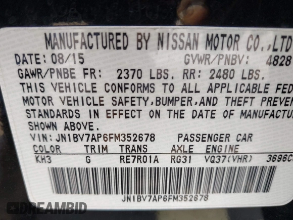 2015 Infiniti Q50 Premium with VIN JN1BV7AP6FM352678, listed as a IAAI auction lot 42197537 with 192,761 mi miles and . Bid and sale history available at DreamBid. Image 9.