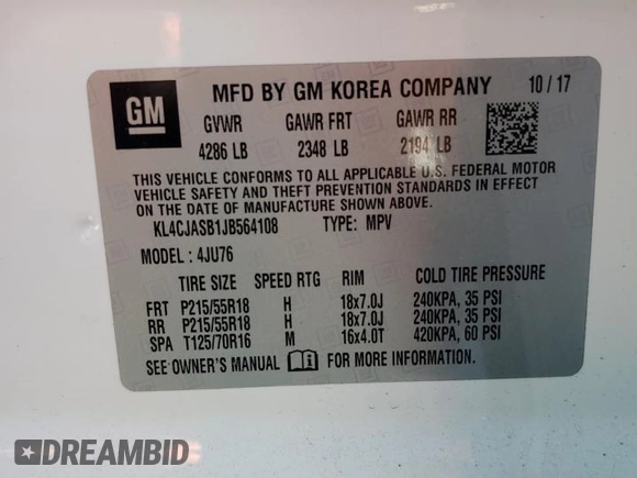 2018 Buick Encore Preferred with VIN KL4CJASB1JB564108, listed as a Copart auction lot 53023835 with 52,785 mi miles and Salvage Title. Bid and sale history available at DreamBid. Image 13.