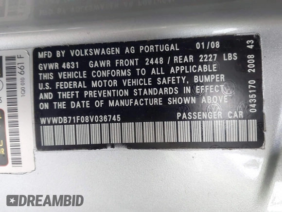 2008 Volkswagen Eos 3.2L with VIN WVWDB71F08V036745, listed as a IAAI auction lot 41802617 with 60,132 mi miles and . Bid and sale history available at DreamBid. Image 9.