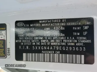 2014 Kia Optima EX with VIN 5XXGN4A79EG293633, listed as a Copart auction lot 54903205 with 120,497 mi miles and Salvage Title. Bid and sale history available at carsss.com. Image 12.