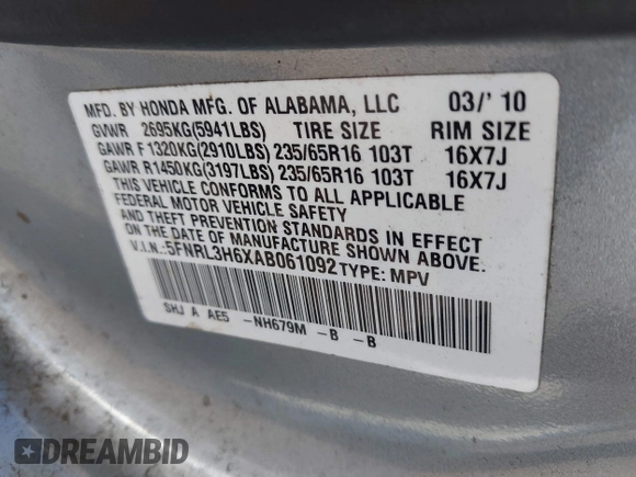 2010 Honda Odyssey EX-L with VIN 5FNRL3H6XAB061092, listed as a IAAI auction lot 41645143 with 165,941 mi miles. Bid and sale history available at carsss.com. Image 9.