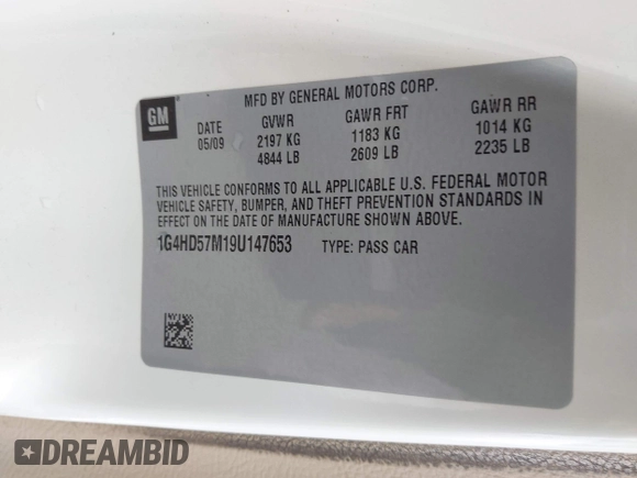 2009 Buick Lucerne CXL with VIN 1G4HD57M19U147653, listed as a IAAI auction lot 42166780 with 84,794 mi miles and . Bid and sale history available at DreamBid. Image 9.