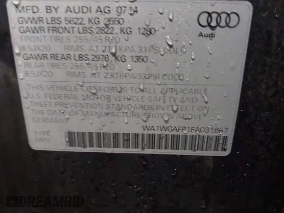 2015 Audi Q5 Prestige with VIN WA1WGAFP1FA031657, listed as a IAAI auction lot 41506986 with 83,707 mi miles and . Bid and sale history available at DreamBid. Image 9.