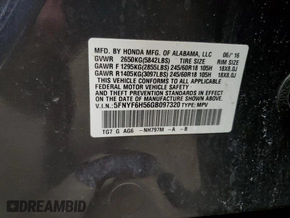 2016 Honda Pilot EX-L with VIN 5FNYF6H56GB097320, listed as a Copart auction lot 49472715 with 179,783 mi miles and Salvage Title. Bid and sale history available at DreamBid. Image 14.