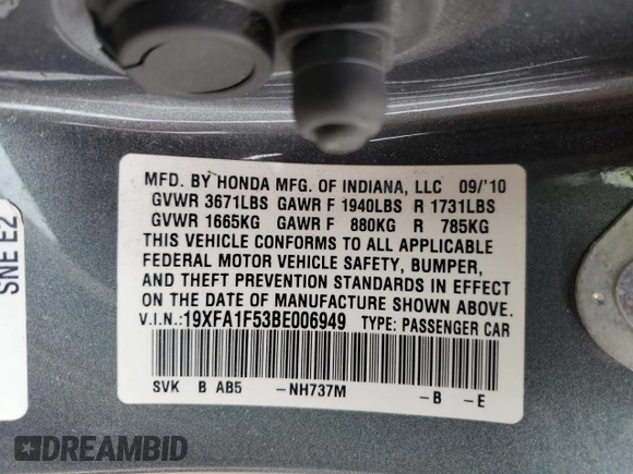 2011 Honda Civic LX with VIN 19XFA1F53BE006949, listed as a Copart auction lot 51457155 with 82,416 mi miles and Salvage Title. Bid and sale history available at DreamBid. Image 14.