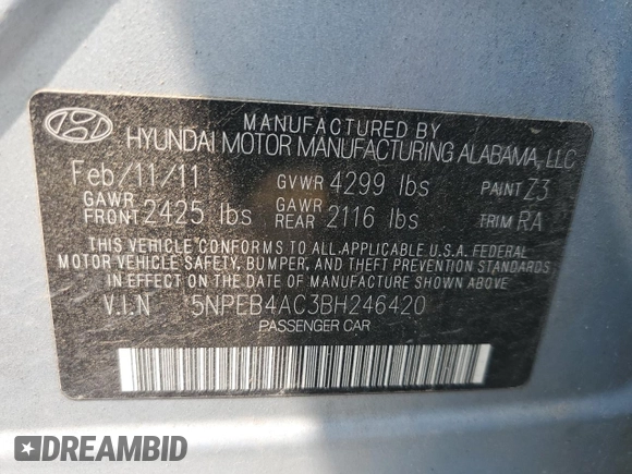 2011 Hyundai Sonata GLS z VIN 5NPEB4AC3BH246420, wystawiony jako Copart lot #60314015 z przebiegiem 162 893 mil mil oraz Szkoda całkowita • Salvage title. Historia ofert i sprzedaży dostępna na DreamBid. Obrazek 12.