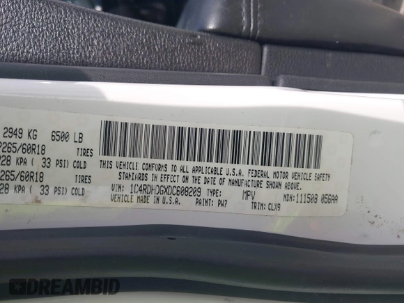 2013 Dodge Durango Crew with VIN 1C4RDHDGXDC608209, listed as a IAAI auction lot 42779231 with 203,460 mi miles and . Bid and sale history available at DreamBid. Image 9.