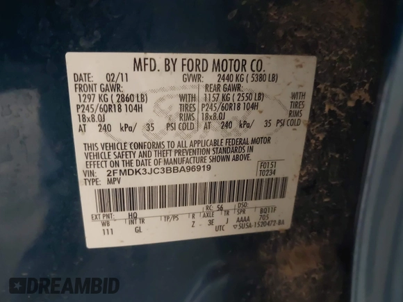 2011 Ford Edge SEL with VIN 2FMDK3JC3BBA96919, listed as a IAAI auction lot 41924004 with 242,896 mi miles. Bid and sale history available at carsss.com. Image 9.