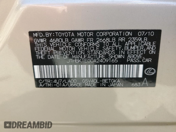 2010 Lexus ES 330 with VIN JTHBK1EG0A2409165, listed as a Copart auction lot 54787825 with 106,200 mi miles and Salvage Title. Bid and sale history available at DreamBid. Image 12.