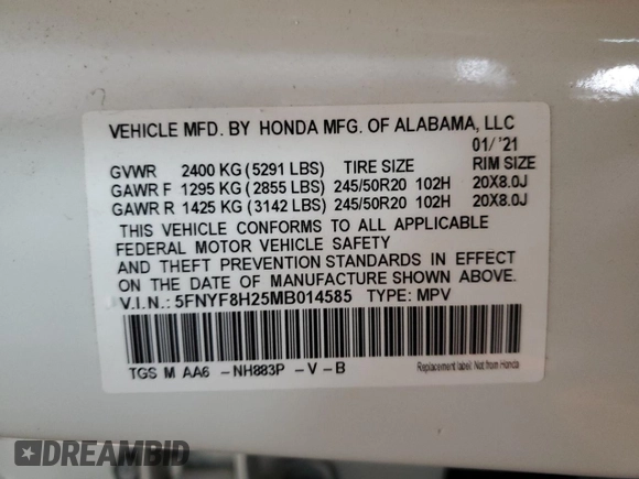 2021 Honda Passport Sport with VIN 5FNYF8H25MB014585, listed as a Copart auction lot 51894025 with 36,910 mi miles and Salvage title. Bid and sale history available at DreamBid. Image 14.
