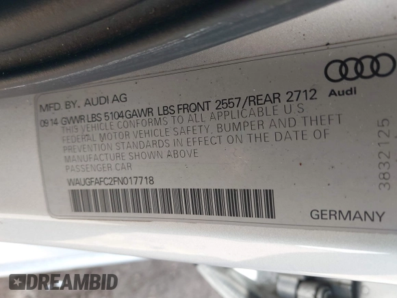 2015 Audi A6 2.0T Premium Plus with VIN WAUGFAFC2FN017718, listed as a IAAI auction lot 41673650 with 120,831 mi miles. Bid and sale history available at carsss.com. Image 9.