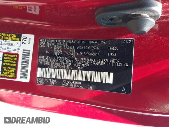2021 Toyota Sienna XLE with VIN 5TDYSKFC5MS018541, listed as a IAAI auction lot 42579671 with 86,949 mi miles and . Bid and sale history available at DreamBid. Image 9.