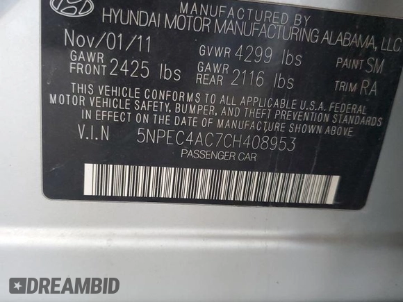 2012 Hyundai Sonata 2.4L Limited PZEV with VIN 5NPEC4AC7CH408953, listed as a Copart auction lot 55077365 with 171,333 mi miles and Clean Title. Bid and sale history available at carsss.com. Image 12.