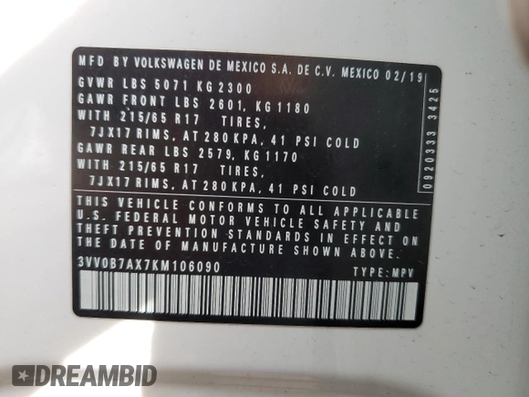 2019 Volkswagen Tiguan S with VIN 3VV0B7AX7KM106090, listed as a Copart auction lot 54771435 with 101,711 mi miles and Salvage title. Bid and sale history available at DreamBid. Image 13.
