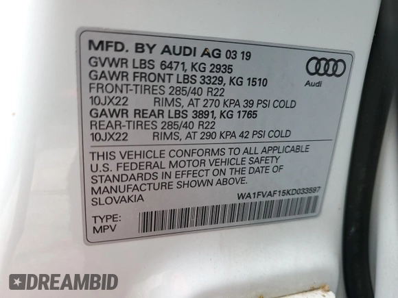 2019 Audi Q8 Prestige z VIN WA1FVAF15KD033597, wystawiony jako Copart lot #59423085 z przebiegiem 85 951 mil mil oraz Czysty tytuł • Clean title. Historia ofert i sprzedaży dostępna na DreamBid. Obrazek 13.
