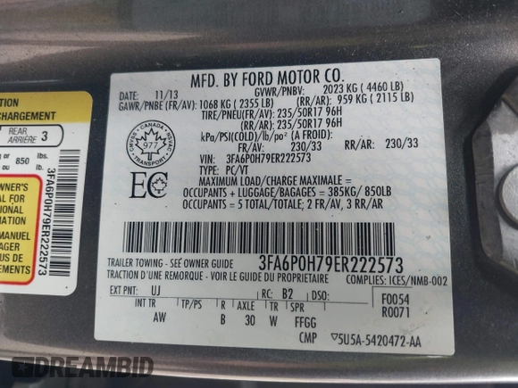 2014 Ford Fusion SE with VIN 3FA6P0H79ER222573, listed as a IAAI auction lot 42129165 with 144,181 mi miles and . Bid and sale history available at DreamBid. Image 9.