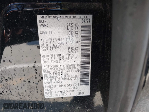 2024 Nissan Frontier SL with VIN 1N6ED1EJ4RN650125, listed as a IAAI auction lot 42193443 with 14,282 mi miles and . Bid and sale history available at DreamBid. Image 9.