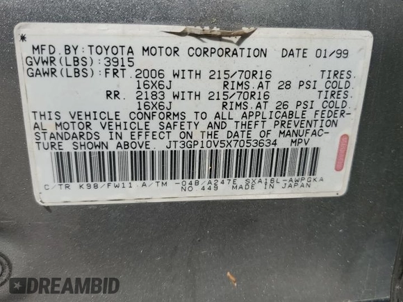 1999 Toyota RAV4 with VIN JT3GP10V5X7053634, listed as a Copart auction lot 52761695 with 236,443 mi miles and Salvage title. Bid and sale history available at DreamBid. Image 15.