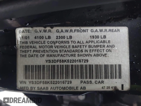 2002 Saab 9-3 z VIN YS3DF58K522016729, wystawiony jako IAAI lot #41161809 z przebiegiem Nie podano mil oraz . Historia ofert i sprzedaży dostępna na DreamBid. Obrazek 9.