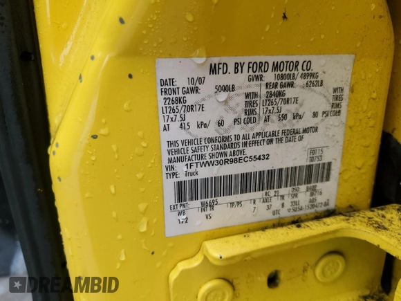 2008 Ford F-350 z VIN 1FTWW30R98EC55432, wystawiony jako Copart lot #52992235 z przebiegiem 217 690 mil mil oraz Szkoda całkowita • Salvage title. Historia ofert i sprzedaży dostępna na DreamBid. Obrazek 12.