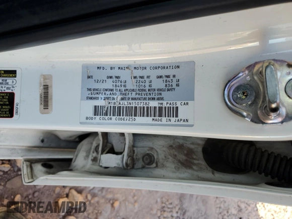 2022 Mazda 3 S with VIN JM1BPAJL3N1507382, listed as a Copart auction lot 60294085 with 28,283 mi miles and Salvage title. Bid and sale history available at DreamBid. Image 13.