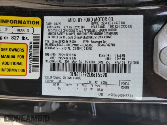 2020 Lincoln MKZ Reserve with VIN 3LN6L5F92LR615590, listed as a Copart auction lot 80505624 with 67,581 mi miles and Salvage Title. Bid and sale history available at DreamBid. Image 14.