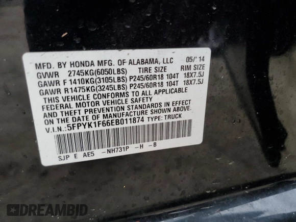 2014 Honda Ridgeline SE with VIN 5FPYK1F66EB011874, listed as a Copart auction lot 75549604 with 0 mi miles and Non Repairable. Bid and sale history available at carsss.com. Image 13.