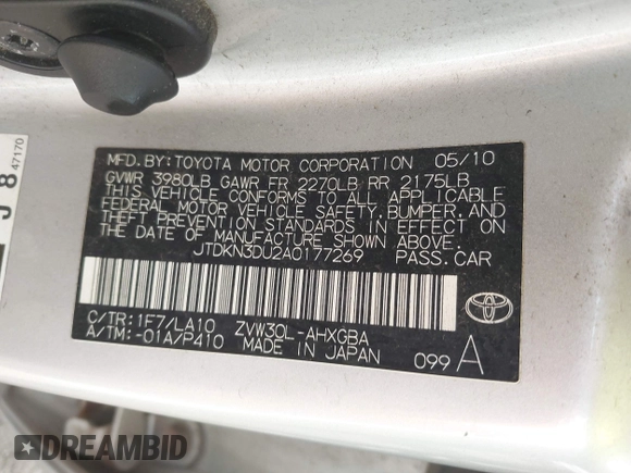 2010 Toyota Prius II with VIN JTDKN3DU2A0177269, listed as a IAAI auction lot 42054352 with 158,613 mi miles. Bid and sale history available at carsss.com. Image 9.