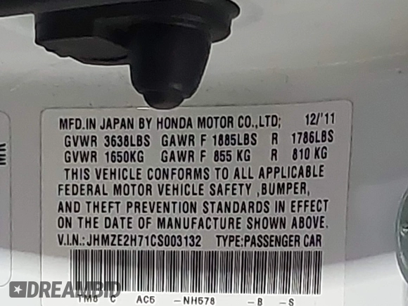 2012 Honda Insight EX with VIN JHMZE2H71CS003132, listed as a IAAI auction lot 42582548 with 112,593 mi miles and . Bid and sale history available at DreamBid. Image 9.
